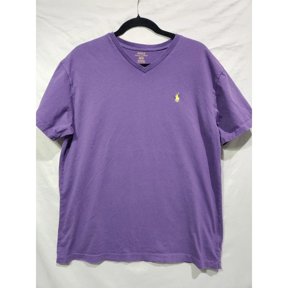 Polo Ralph Lauren Mens Purple V Neck T Shirt Yellow Pony Logo Size Medium Cotton